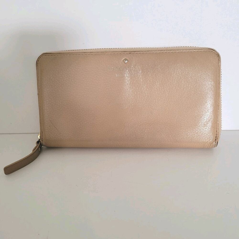 Kate Spade New York Pebble Leather Wallet Beige Natural Zip Around‎ Boho Large